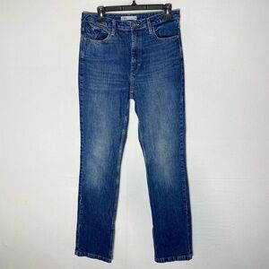 Zara Classic Med Stone Wash Blue High Rise Straight Leg Jeans W Ankle Slits 6